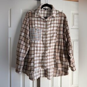 Papermoon Checkered  Plaid Flannel Shirt Brown Cream Raw Hem